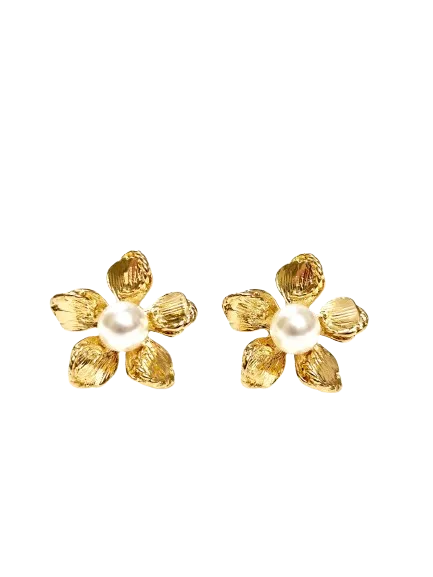 Golden Pearl Flower Earrings